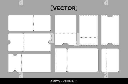 Set of blank ticket templates. Realistic cardboard coupons collection with borders of different shapes on empty tickets template, voucher for theatre or cinema seats, boarding airplane. Vector illustration Stock Vector
