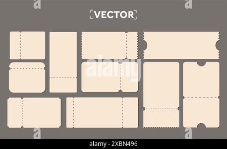 Set of blank ticket templates in light brown. Realistic cardboard coupons collection with borders of different shapes on empty tickets template, voucher for theatre or cinema seats, boarding airplane. Vector illustration Stock Vector