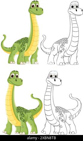 Colorful and black-and-white dinosaur illustrations for kids Stock Vector