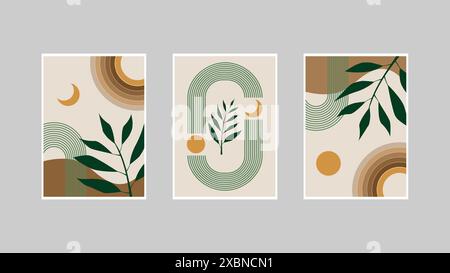 Set of 3 Minimalist wall art. Abstract geometric prints for boho aesthetic interior. Home decor wall prints Stock Vector