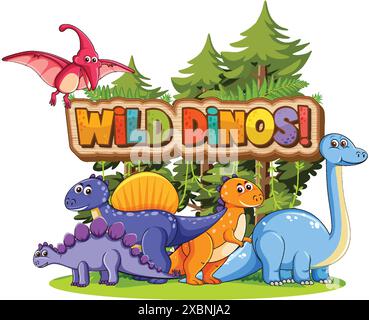 Colorful dinosaurs in a lush forest setting Stock Vector