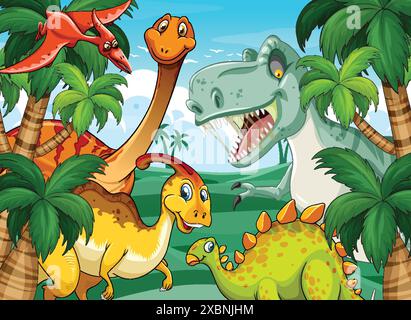 Colorful dinosaurs in a lush jungle setting Stock Vector