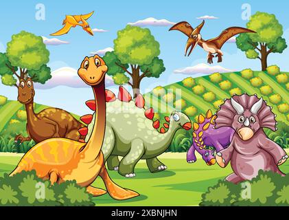 Colorful dinosaurs in a vibrant, green environment Stock Vector