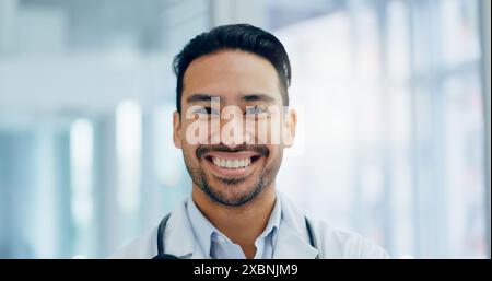 Portrait, doctor and face in hospital for healthcare, success and about us in office. Male specialist, smile and medicare in clinic for cardiology Stock Photo