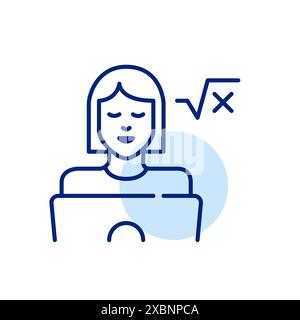 Girl at laptop and square root formula. Digital math learning integration. Engineering, computer science student. Pixel perfect, editable stroke vecto Stock Vector
