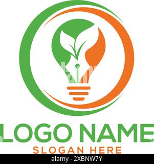 Leaf, pen and bulb icon combination knowledge logo design. Green academic school and enlighten knowledge care logo design concept. Stock Vector