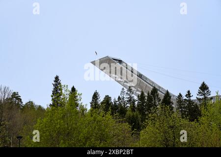 Holmenkollbakken, a ski jump on Mount Holmenkollen in the city of Oslo. The 1952 Winter Olympics were held here. Stock Photo