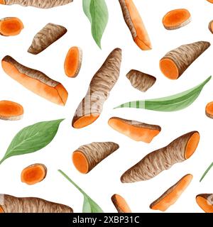 Orange curcuma turmeric roots, slices and leaves watercolor seamless pattern on white background. Curcumin vegetables Stock Photo