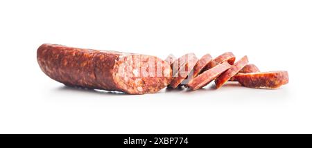 Sliced smoked Sausages salami On a White Background Stock Photo