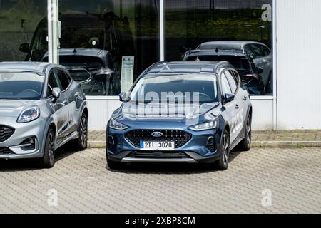 PROSTREDNI SUCHA, CZECH REPUBLIC - APRIL 5, 2021 Ford Focus Mk4 Turnier estate car presented at dealership Stock Photo