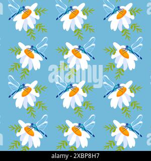 Summer background peonies dragonfly Blue seamless pattern spring white meadow flower green leaves ornament wrapping fabric wallpaper chintz cambric muslin mosaic Stock Vector