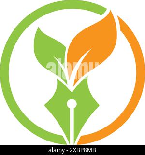 Green learning education care logo and icon design. Leaf and pen icon combination logo design. Stock Vector