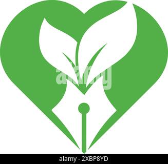 Green learning education care logo and icon design. Leaf and pen icon combination logo design. Stock Vector