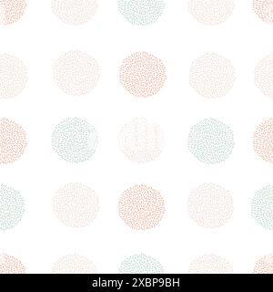 Vector seamless pattern pompom in rows in blue, pink and red color on white background. Holiday Christmas or birthday baby repeating pattern. Pon pon Stock Vector