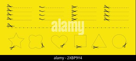 Cut here. Black scissors cutting. Set of cut dash lines and shapes isolated on yellow background. Simple Vector illustration. Shear cutting paper Stock Vector