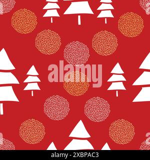 Vector seamless christmass pattern red and orange polka dot pompoms on red background with white snowy christmass tree, pompom as a garland. Elegant g Stock Vector