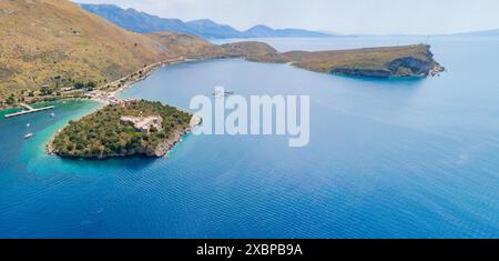 Aerial view of Porto Palermo Castle along the Albanian coastline on the Ionian Sea in southern Albania Stock Photo