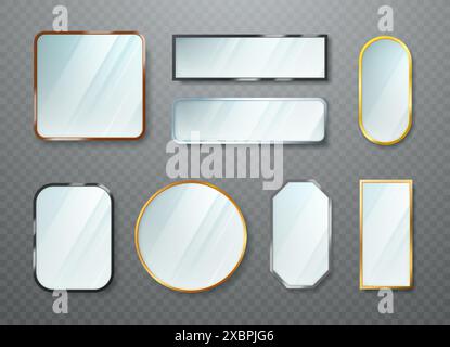 A set of realistic mirrors of different shapes with frames of different colors. Vector illustration. Stock Vector