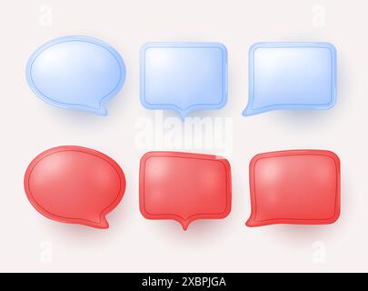 Collection of speech bubbles in red and blue colors. Chat dialogue or text in modern 3D style isolated on a light background. Vector illustration. Stock Vector