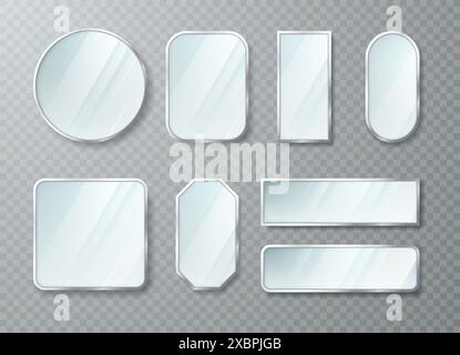 A set of realistic mirrors of different shapes with a metal frame. Vector illustration. Stock Vector