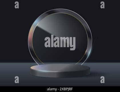 Empty modern podium with glass round transparent background decorated with gold. Luxurious minimalist style. Vector illustration. Stock Vector