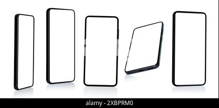 Set of Smart Phones with blank screen, in different side views, isolated on a white background Stock Photo