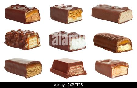 Set of Cut chocolate bar with stretching caramel, isolated on a white background Stock Photo