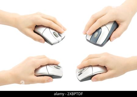 Set of Hands, which holding Computer Mouses, isolated on a transparent background Stock Photo