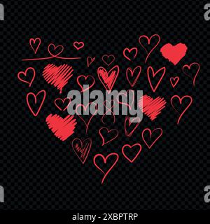 Hand drawn heart of hearts on dark transparent background. Doodle simple hearts in different shapes. Vector illustration Stock Vector