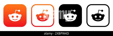Kyiv, Ukraine - February 05, 2024: Set of Reddit mobile app icons, printed on paper. Reddit is social news aggregation, content rating and forum socia Stock Photo