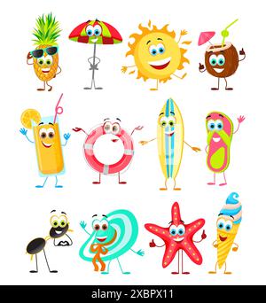 Set of Funny Summer Fruits and Summer Things with eyes - Collection. Cartoon funny characters, flat vector illustration close-up Stock Vector