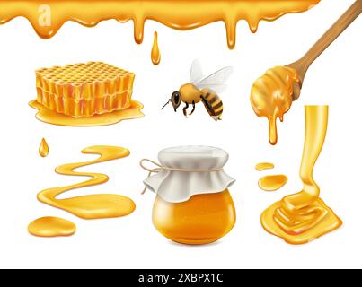 Set of Honey Products on white background, realistic vector illustration close-up Stock Vector