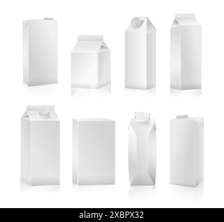 Set of White Paper Packs for milk, juice, and other, on white background. Realistic vector illustration close-up Stock Vector