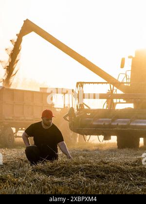 Satisfied farmer standing by harvester Stock Photo