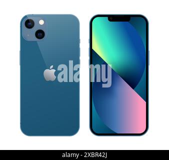 Kiev, Ukraine - November 05, 2021: Smart phone Apple iPhone 13 in front and back sides, in official blue color, on white background. Realistic vector Stock Vector