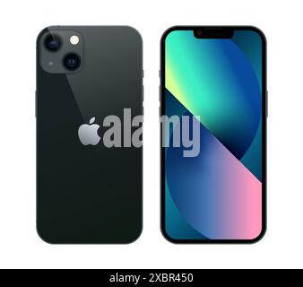Kiev, Ukraine - November 05, 2021: Smart phone Appe iPhone 13 in front and back sides, in official black color, on white background. Realistic vector Stock Vector