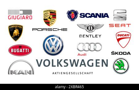 Kiyv, Ukraine - November 09, 2021: Collection of popular car logos: Volkswagen, Audi, Seat, Bentley, Bugatti, Ducati, Giugiaro, Lamborghini, Scania, S Stock Vector