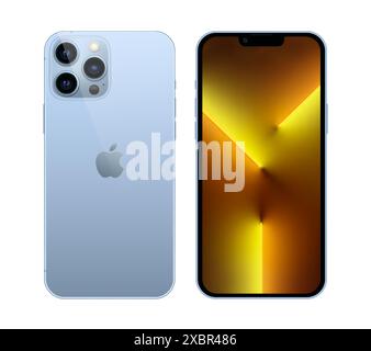 Kiev, Ukraine - November 05, 2021: Smart phone Apple iPhone 13 Pro, in front and back sides, and in official blue color, on white background. Realisti Stock Vector