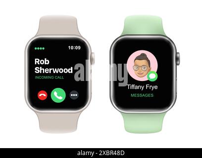 Kiev, Ukraine - February 15, 2022: Apple Watch Series 7 with Call and Messeges Apps on screen in front side, in official color, on white background. R Stock Vector