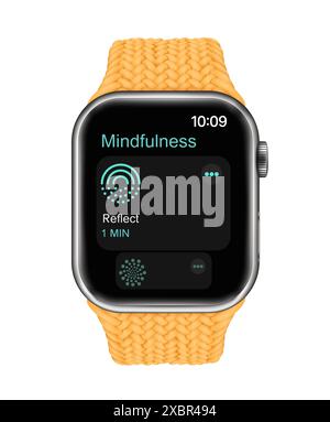 Kiev, Ukraine - February 15, 2022: Apple Watch Series 7 with Mindfulness App on screen in front side, in official color, on white background. Realisti Stock Vector