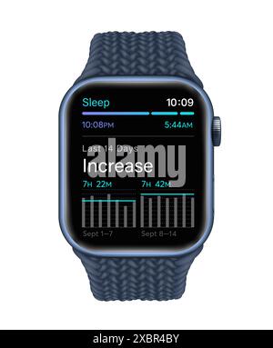 Kiev, Ukraine - February 15, 2022: Apple Watch Series 7 with novelty Sleep App. With the Sleep app on Apple Watch, you can create bedtime schedules. R Stock Vector