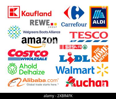 Kiyv, Ukraine - November 26, 2021: Logos collection of the biggest world retailers, such as: Amazon, Tesco, Alibaba, Lidl, Walmart, Aldi, Auchan, and Stock Vector