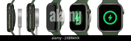 Kiev, Ukraine - February 15, 2022: Apple Watch Series 7 process of fast charging with an Apple Magnetic Fast Charging cable, set of different sides, o Stock Vector