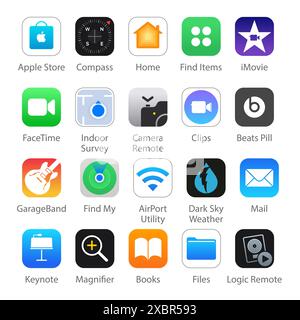 Kyiv, Ukraine - April 29, 2022: Set of popular 20 iOS Apps icons: Apple Store, Compass, Home, FactTime, iMovie and others, vector illustration Stock Vector