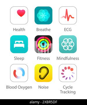 Kyiv, Ukraine - April 29, 2022: Set of popular iOS Health Apps icons: Health, Breathe, ECG, Sleep, Fitness and others, vector illustration Stock Vector
