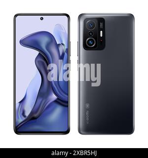 Kiev, Ukraine - April 06, 2022: New Smart phone Xiaomi 11T in front and back sides, in official black color, on white background. Realistic vector ill Stock Vector