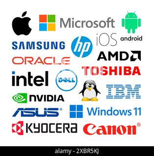 Kiev, Ukraine - June 10, 2022: Collection of popular technology logos printed on white paper: HP, IOS, intel, Linux, AMD, Sumsung, Oracle, Canon, Micr Stock Vector