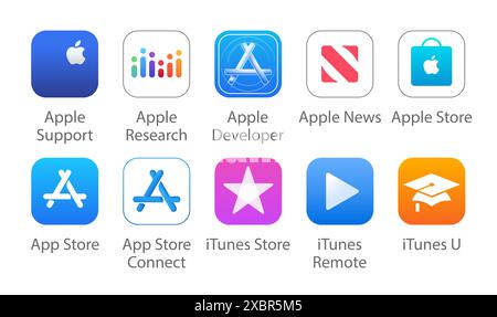 Kyiv, Ukraine - April 29, 2022: Set of popular 10 iOS Apple Apps icons: Apple Support, Apple Research, Apple Developer and others, vector illustration Stock Vector
