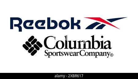 Kiev, Ukraine - June 10, 2022: Collection of popular sportswear manufactures logos: Reebok and Columbia, on white background, vector illustration Stock Vector