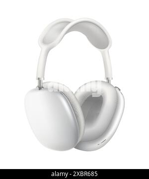 Kiev, Ukraine - October 05, 2022: White wireless headphones Apple AirPods Max, on white background. Realistic vector illustration Stock Vector